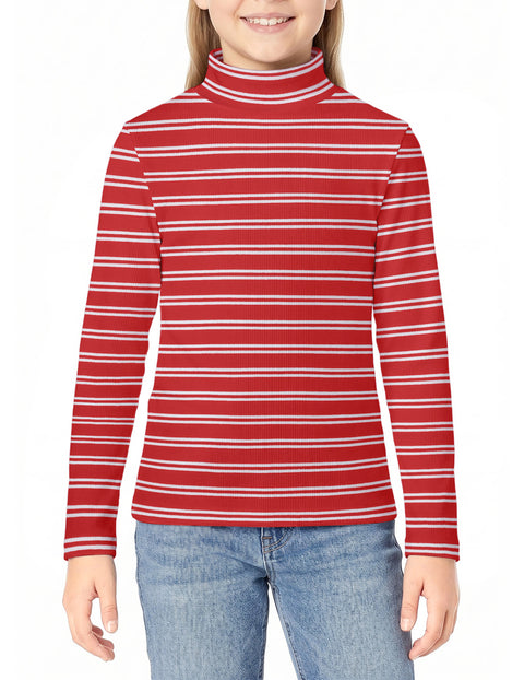 Girls Mock Turtleneck Long Sleeve Ribbed Knit Top Stretchy Layering Shirt - Stripes-red&white