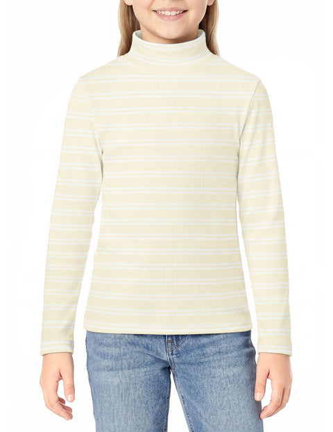 Girls Mock Turtleneck Long Sleeve Ribbed Knit Top Stretchy Layering Shirt - Stripes-beige&white
