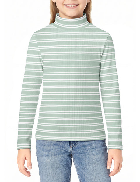 Girls Mock Turtleneck Long Sleeve Ribbed Knit Top Stretchy Layering Shirt - Stripes-green&white
