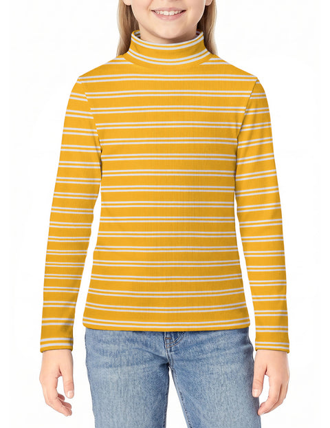 Girls Mock Turtleneck Long Sleeve Ribbed Knit Top Stretchy Layering Shirt - Stripes-yellow&white