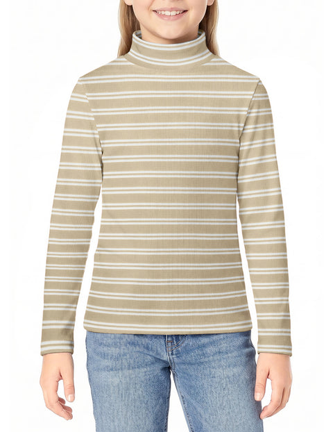 Girls Mock Turtleneck Long Sleeve Ribbed Knit Top Stretchy Layering Shirt - Stripes-khaki&white