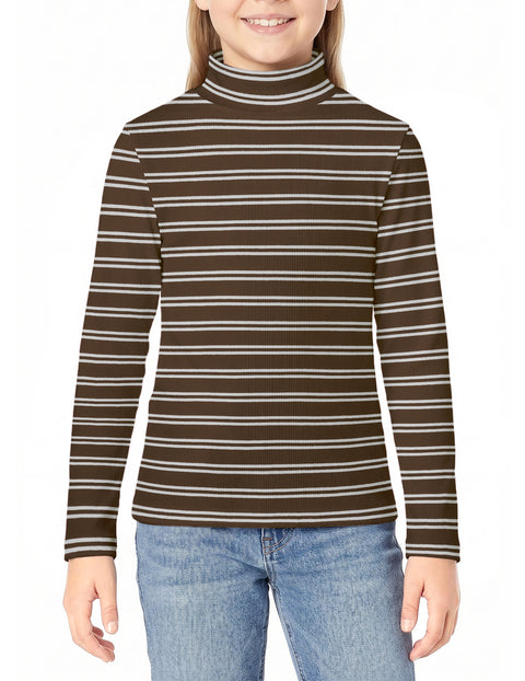 Girls Mock Turtleneck Long Sleeve Ribbed Knit Top Stretchy Layering Shirt - Stripes-brown&white