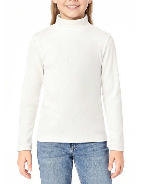 Girls Mock Turtleneck Long Sleeve Ribbed Knit Top Stretchy Layering Shirt - White