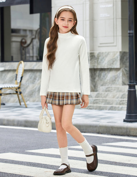 Girls Mock Turtleneck Long Sleeve Ribbed Knit Top Stretchy Layering Shirt - White