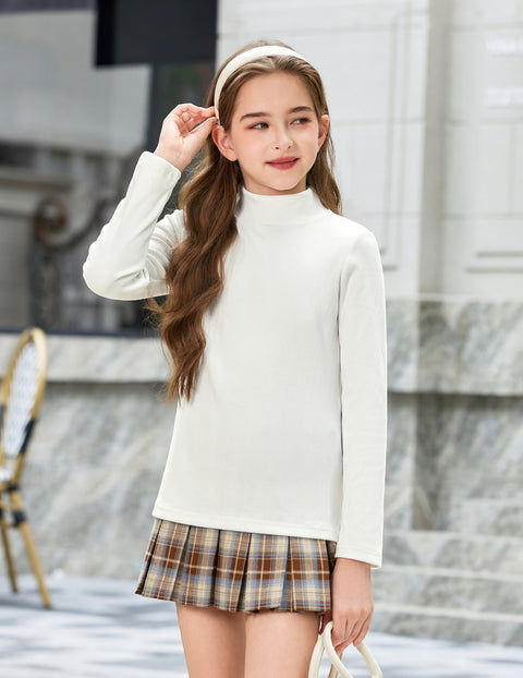 Girls Mock Turtleneck Long Sleeve Ribbed Knit Top Stretchy Layering Shirt - White