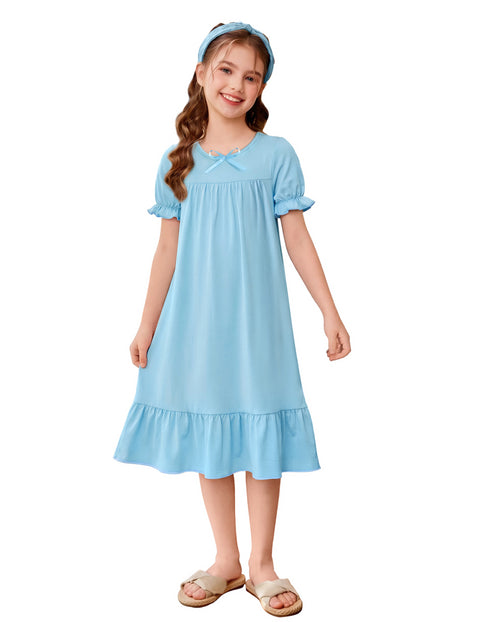 Arshiner Girls Short Sleeve Ruffle Bow Nightgown Sleep Dress