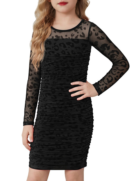 Girls Contrast Mesh Bodycon Dress Ruched Long Sleeve Crew Neck Party Dress - Black Leopard