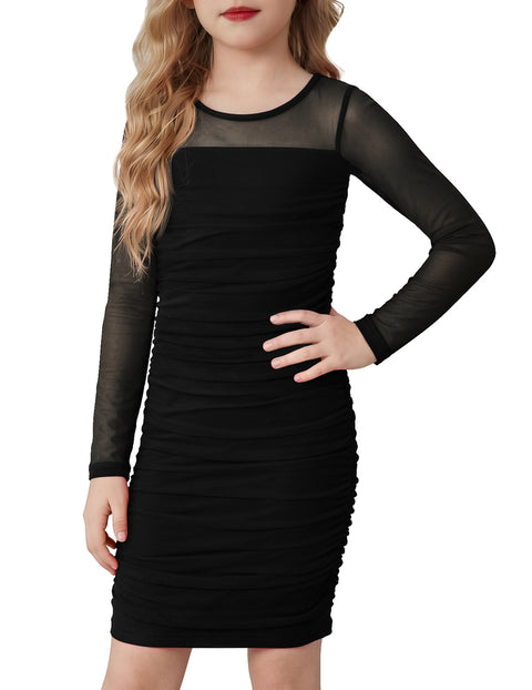 Girls Contrast Mesh Bodycon Dress Ruched Long Sleeve Crew Neck Party Dress - Black