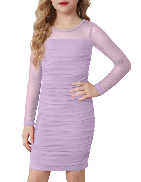 Girls Contrast Mesh Bodycon Dress Ruched Long Sleeve Crew Neck Party Dress - Light Purple