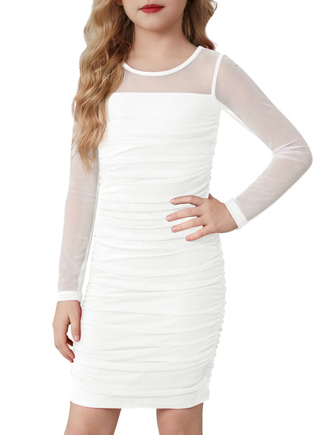 Girls Contrast Mesh Bodycon Dress Ruched Long Sleeve Crew Neck Party Dress - White