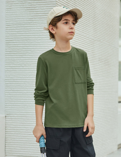 Boys Long Sleeve Crewneck T-Shirt Solid Cotton Blend Tee with Chest Pocket - Army Green