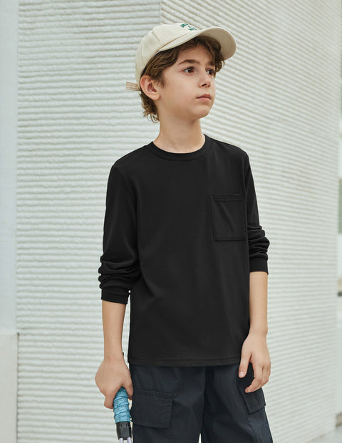 Boys Long Sleeve Crewneck T-Shirt Solid Cotton Blend Tee with Chest Pocket - Black