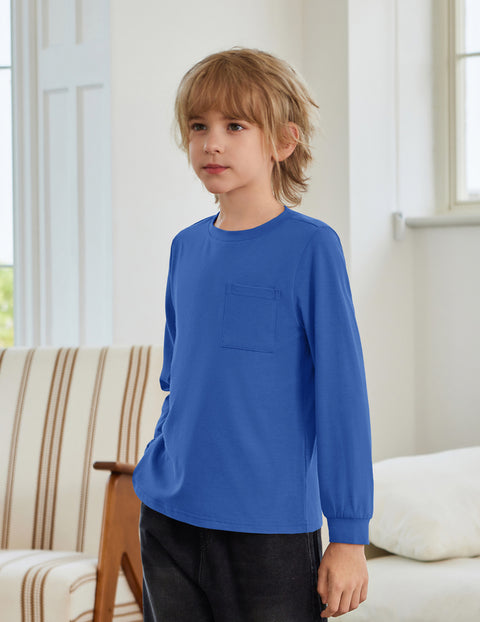 Boys Long Sleeve Crewneck T-Shirt Solid Cotton Blend Tee with Chest Pocket - Blue