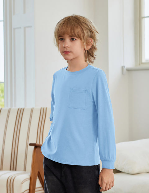 Boys Long Sleeve Crewneck T-Shirt Solid Cotton Blend Tee with Chest Pocket - Light Blue