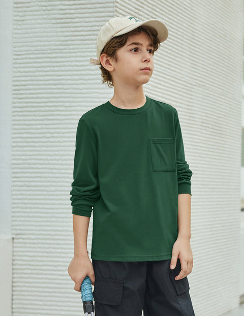 Boys Long Sleeve Crewneck T-Shirt Solid Cotton Blend Tee with Chest Pocket - Evergreen