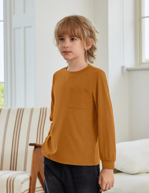 Boys Long Sleeve Crewneck T-Shirt Solid Cotton Blend Tee with Chest Pocket - Brown