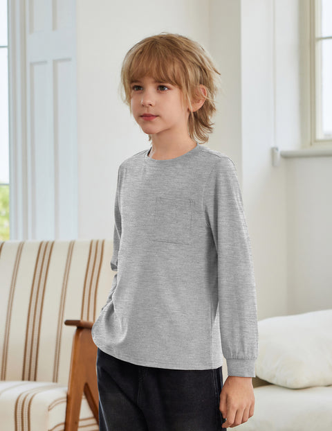 Boys Long Sleeve Crewneck T-Shirt Solid Cotton Blend Tee with Chest Pocket - Gray