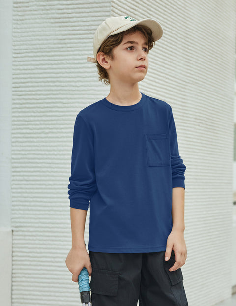 Boys Long Sleeve Crewneck T-Shirt Solid Cotton Blend Tee with Chest Pocket - NA