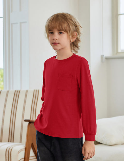 Boys Long Sleeve Crewneck T-Shirt Solid Cotton Blend Tee with Chest Pocket - Red