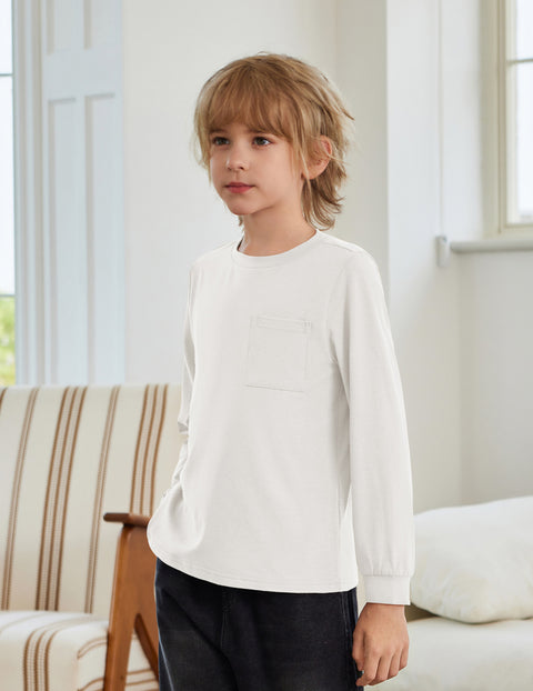 Boys Long Sleeve Crewneck T-Shirt Solid Cotton Blend Tee with Chest Pocket - White