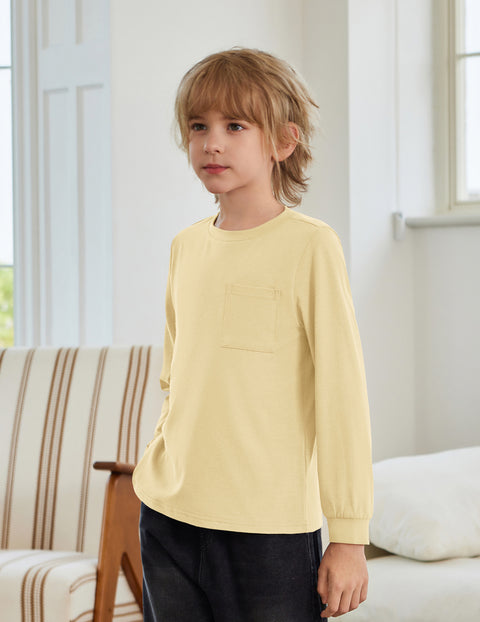 Boys Long Sleeve Crewneck T-Shirt Solid Cotton Blend Tee with Chest Pocket - Beige