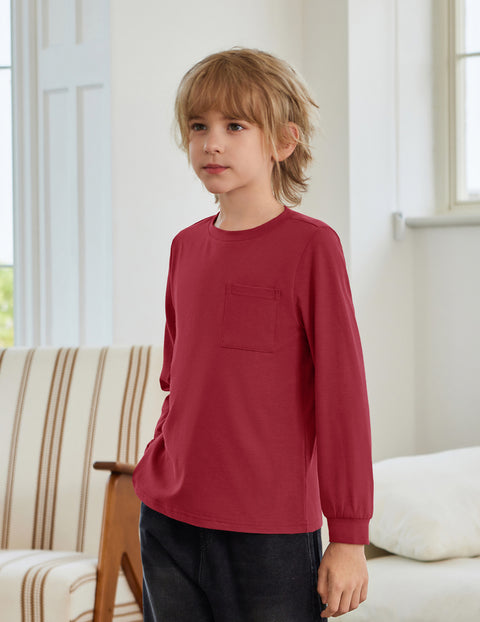 Boys Long Sleeve Crewneck T-Shirt Solid Cotton Blend Tee with Chest Pocket - Wine Red