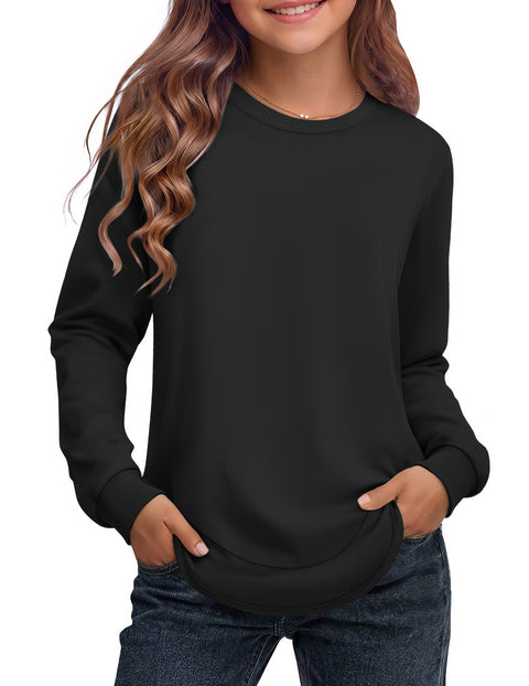 Girls Crewneck Sweatshirt Curved High Low Hem Side Slit Long Sleeve Top - Black