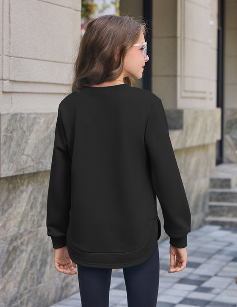 Girls Crewneck Sweatshirt Curved High Low Hem Side Slit Long Sleeve Top - Black