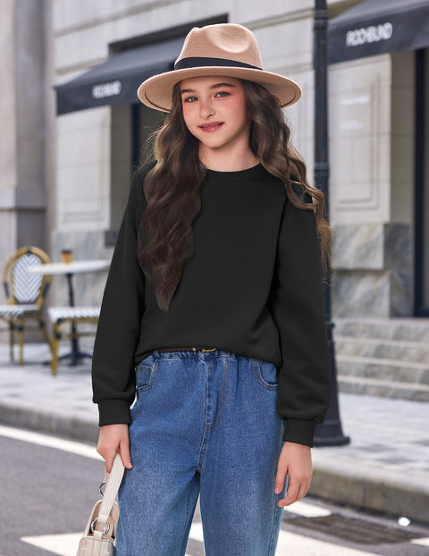 Girls Crewneck Sweatshirt Curved High Low Hem Side Slit Long Sleeve Top - Black