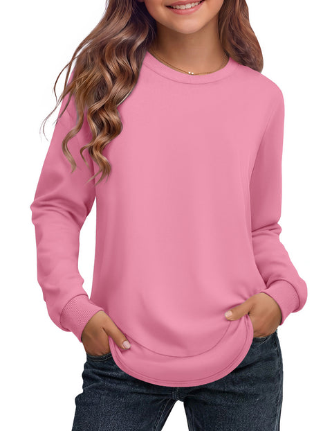 Girls Crewneck Sweatshirt Curved High Low Hem Side Slit Long Sleeve Top - COP 