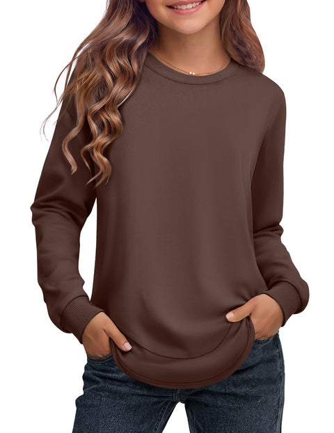 Girls Crewneck Sweatshirt Curved High Low Hem Side Slit Long Sleeve Top - FG
