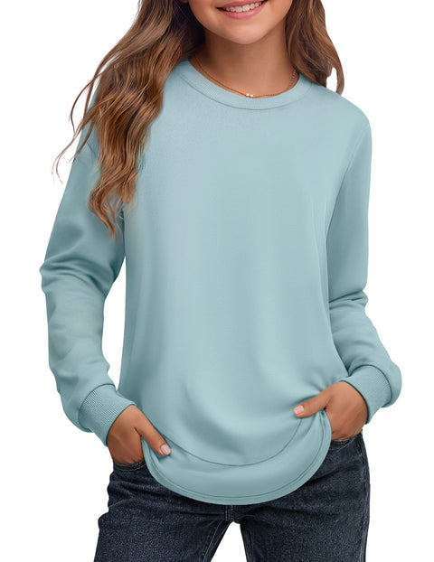 Girls Crewneck Sweatshirt Curved High Low Hem Side Slit Long Sleeve Top - Black,white,light Green
