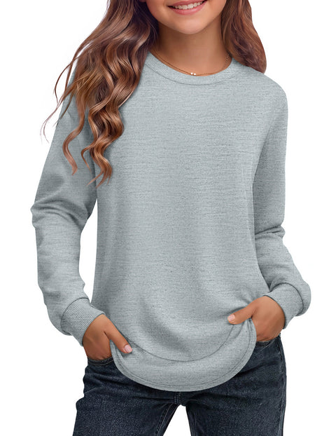 Girls Crewneck Sweatshirt Curved High Low Hem Side Slit Long Sleeve Top - Grey