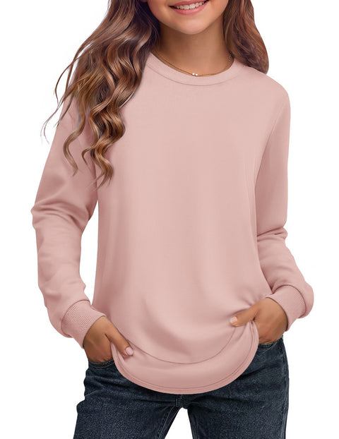 Girls Crewneck Sweatshirt Curved High Low Hem Side Slit Long Sleeve Top - LP