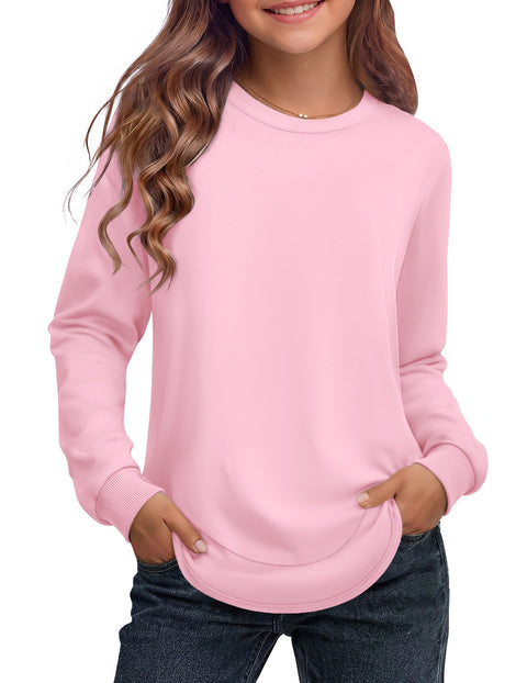 Girls Crewneck Sweatshirt Curved High Low Hem Side Slit Long Sleeve Top - Pink