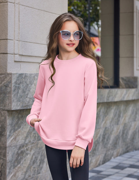 Girls Crewneck Sweatshirt Curved High Low Hem Side Slit Long Sleeve Top - Pink