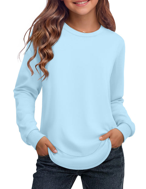 Girls Crewneck Sweatshirt Curved High Low Hem Side Slit Long Sleeve Top - Blue