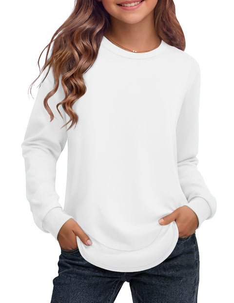 Girls Crewneck Sweatshirt Curved High Low Hem Side Slit Long Sleeve Top - White