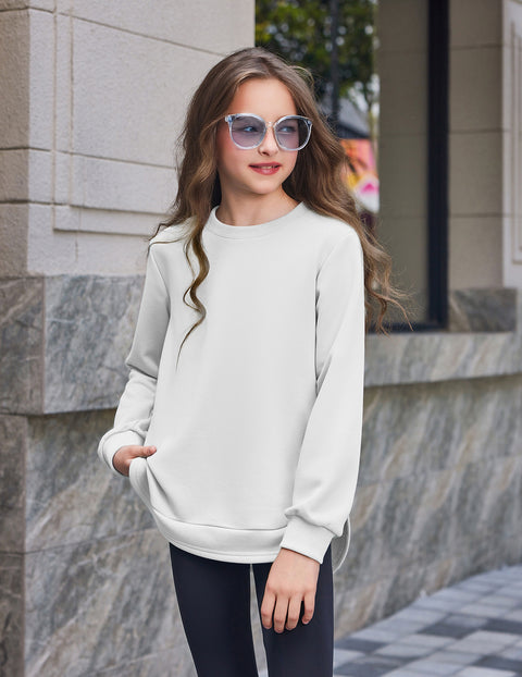 Girls Crewneck Sweatshirt Curved High Low Hem Side Slit Long Sleeve Top - White