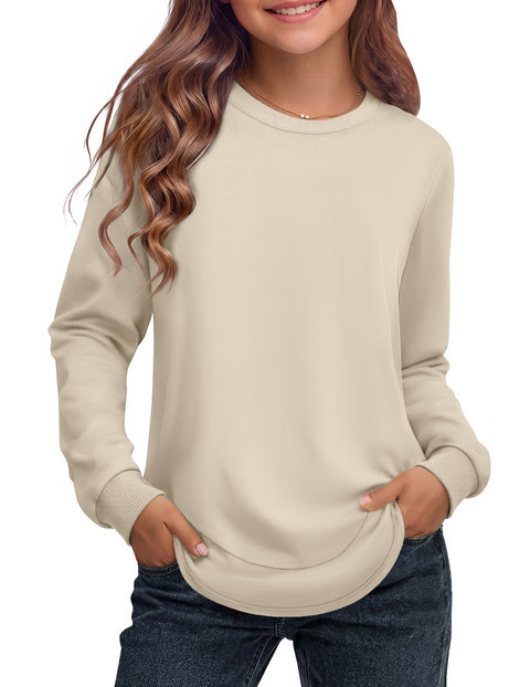 Girls Crewneck Sweatshirt Curved High Low Hem Side Slit Long Sleeve Top - WA
