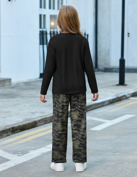 Girls 2 Piece Fall Outfit Pleated Crewneck Top and Wide Leg Pants Set - Camo Black