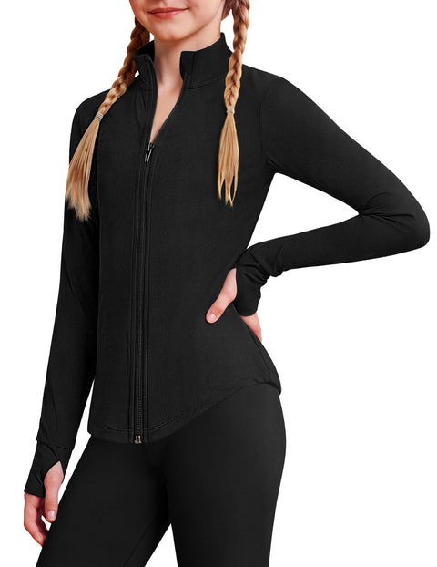 Girls Zip Up Athletic Jacket Lightweight Mock Neck Thumbhole Yoga Top - Black