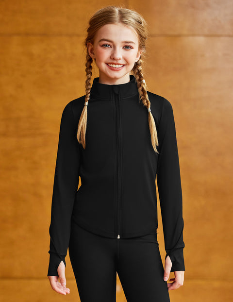 Girls Zip Up Athletic Jacket Lightweight Mock Neck Thumbhole Yoga Top - Black