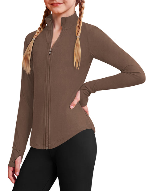 Girls Zip Up Athletic Jacket Lightweight Mock Neck Thumbhole Yoga Top - Brown