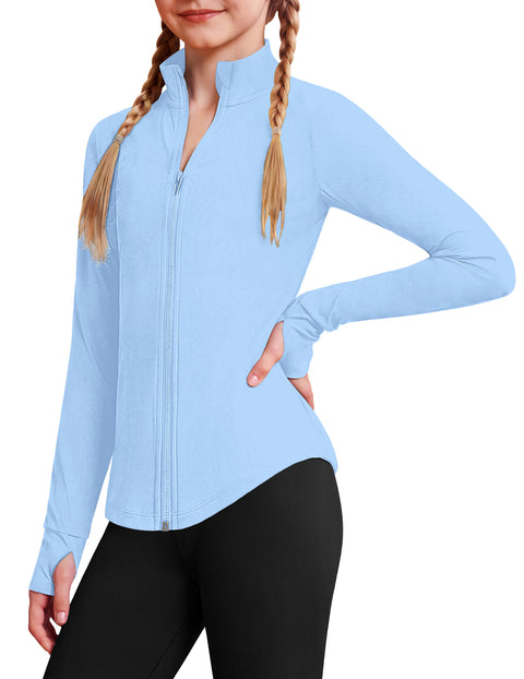 Girls Zip Up Athletic Jacket Lightweight Mock Neck Thumbhole Yoga Top - Blue