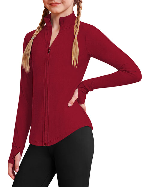 Girls Zip Up Athletic Jacket Lightweight Mock Neck Thumbhole Yoga Top - Red