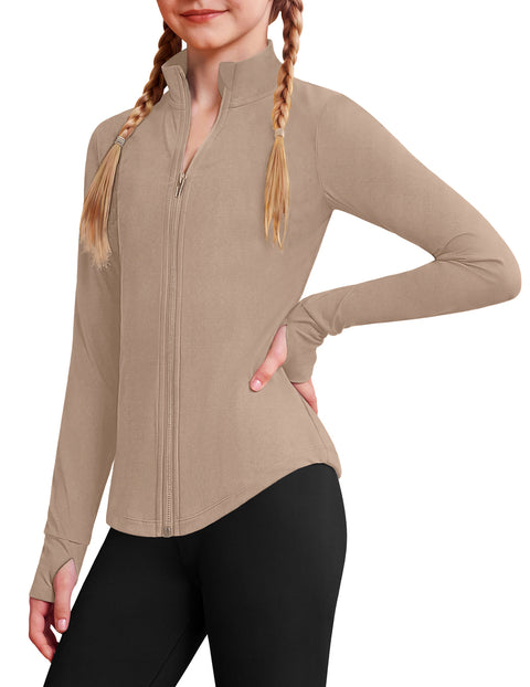 Girls Zip Up Athletic Jacket Lightweight Mock Neck Thumbhole Yoga Top - Khaki