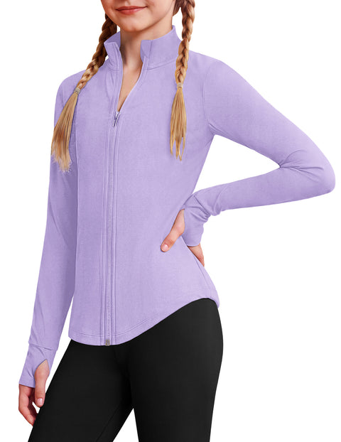 Girls Zip Up Athletic Jacket Lightweight Mock Neck Thumbhole Yoga Top - Lilac