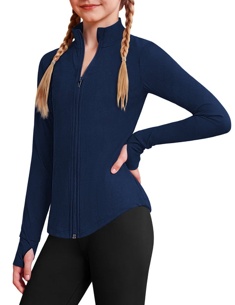 Girls Zip Up Athletic Jacket Lightweight Mock Neck Thumbhole Yoga Top - Navy Blue