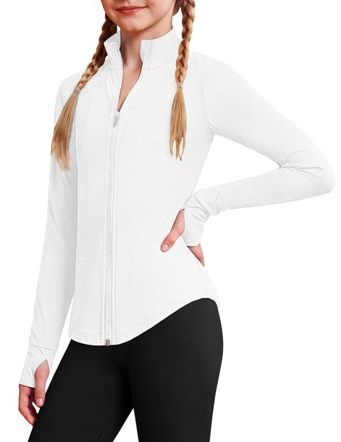 Girls Zip Up Athletic Jacket Lightweight Mock Neck Thumbhole Yoga Top - White